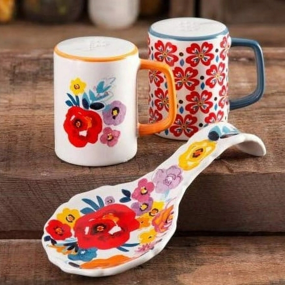 ❤️ Pioneer Woman Flea Market Floral Salt And Pepper Shakers and Spoon Rest Set